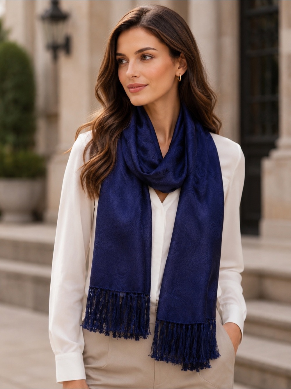 Van Heusen 100% Silk Navy Blue Paisley Scarf Wrap Shawl Fringe - Picture 7 of 7